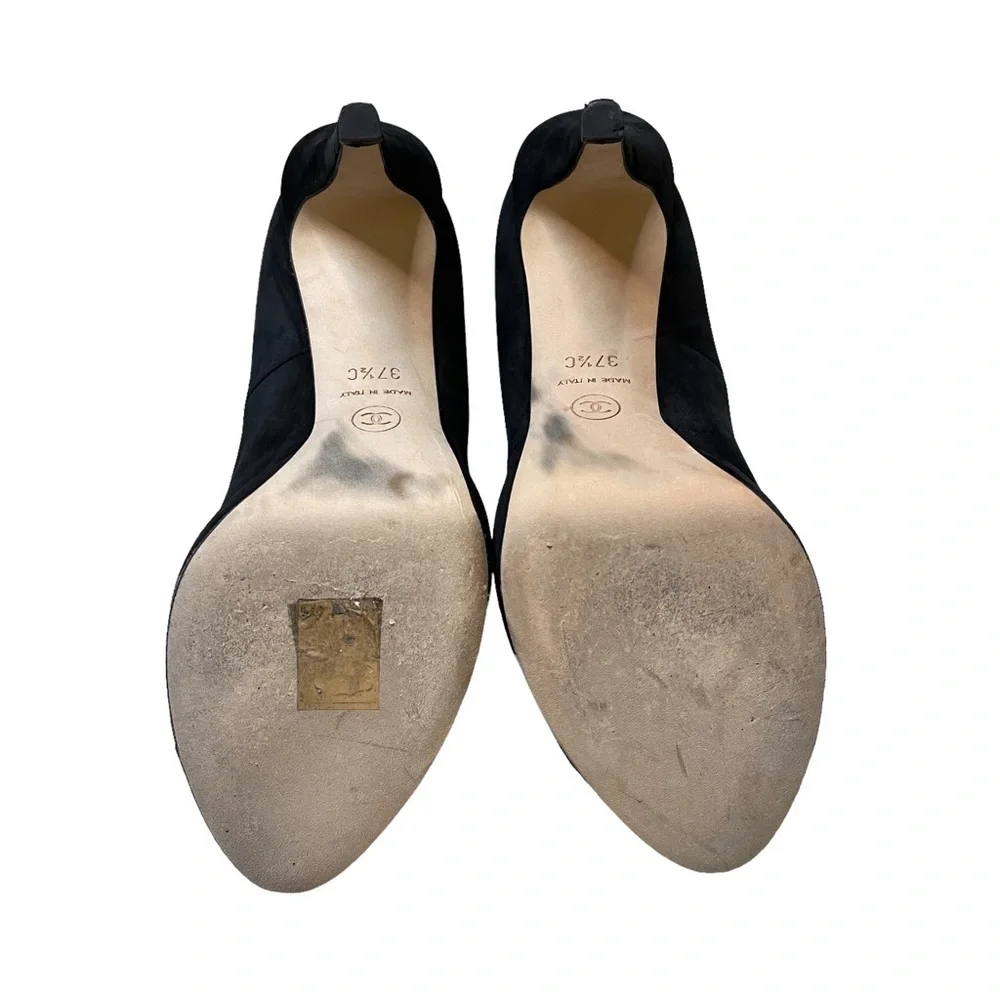 Chanel Black Leather CC Logo Platform Pumps Cap Toe Made Italy Sz 37.5